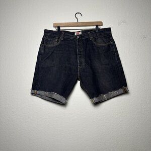 Levis 501 Jeans Shorts Womens 18 Black Denim Cuffed Hem Beach Faded Button Fly